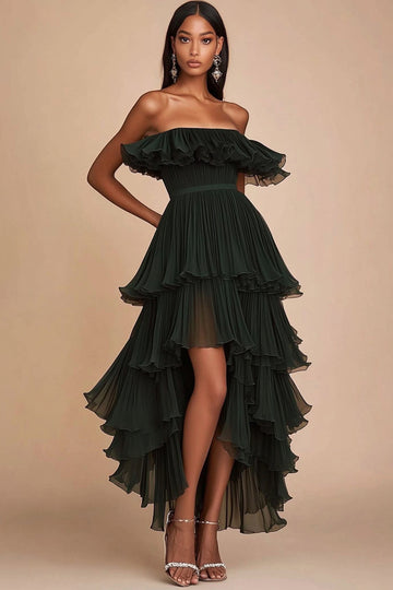 Strapless Tiered Ruffled Dark Green Formal Dress
